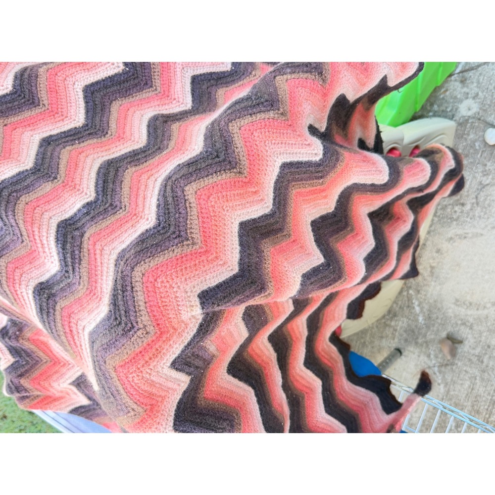 Vintage Handmade Crochet Chevron Afghan Pink Orange Brown Zig Zag Throw Blanket
